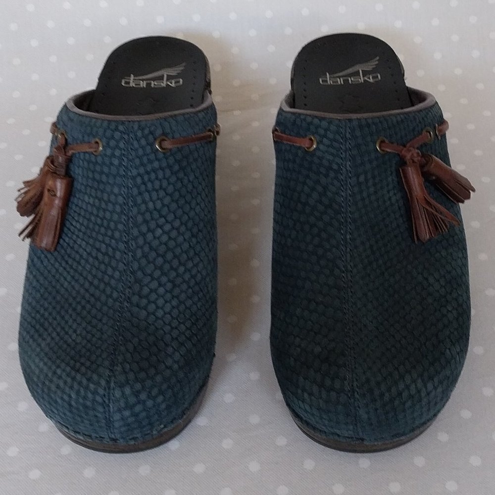 Dansko Shannon Blue Suede Reptile Embossed Print Clogs with Tassels